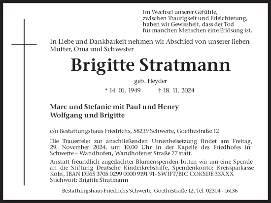 Traueranzeige von Brigitte Stratmann von Ruhr Nachrichten