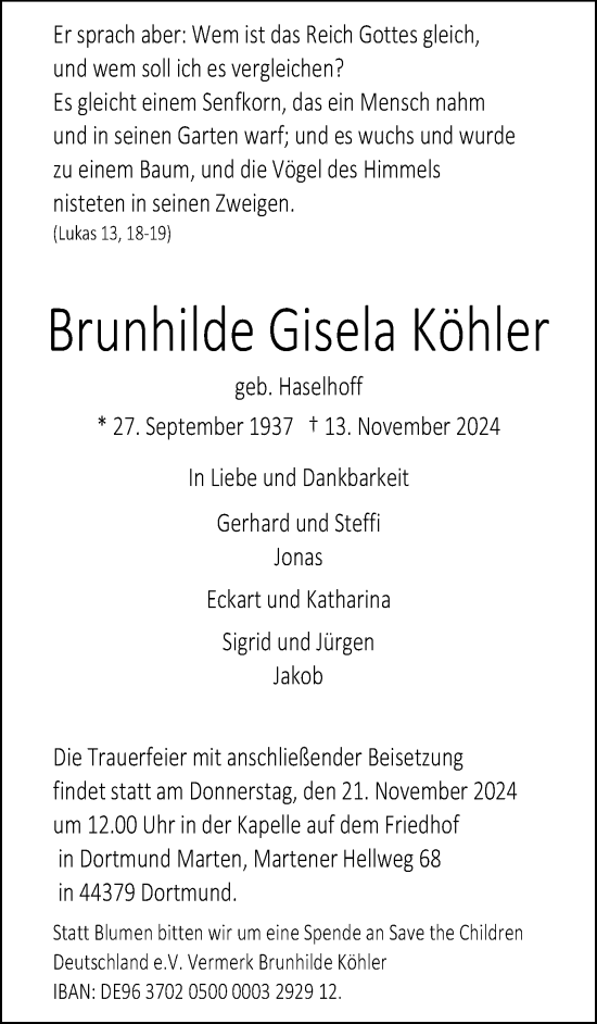 Traueranzeige von Brunhilde Gisela Köhler von Ruhr Nachrichten