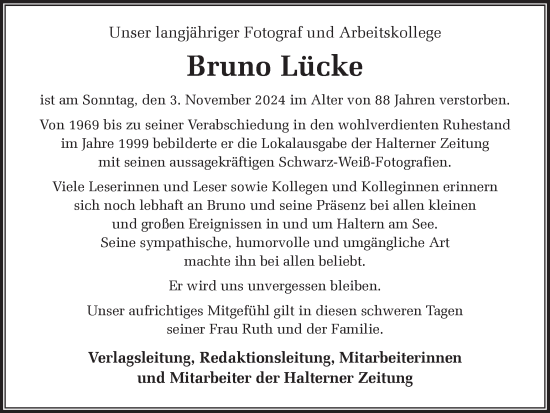 Traueranzeige von Bruno Lücke von Ruhr Nachrichten und Halterner Zeitung