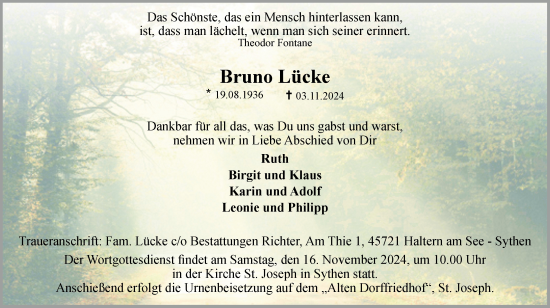 Traueranzeige von Bruno Lücke von Ruhr Nachrichten und Halterner Zeitung