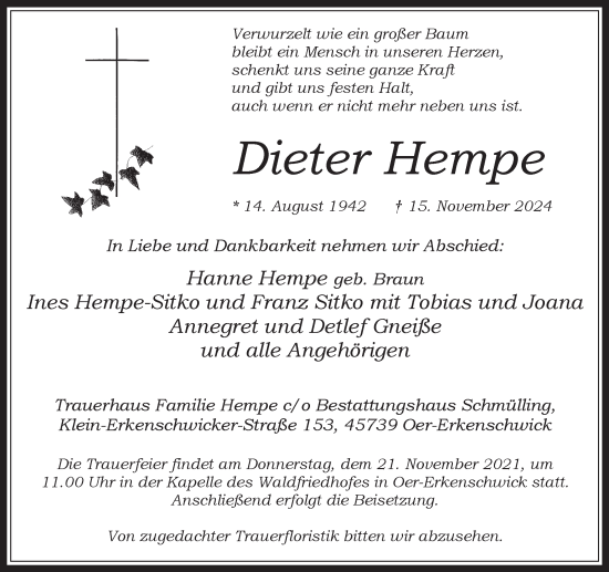 Traueranzeige von Dieter Hempe von Trauer Vest