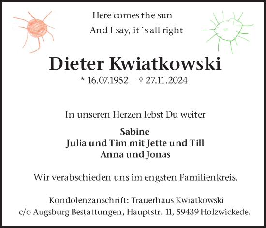 Traueranzeige von Dieter Kwiatkowski von Hellweger Anzeiger