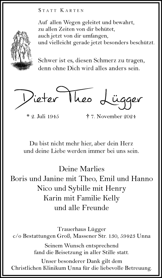 Traueranzeige von Dieter Theo Lügger von Hellweger Anzeiger