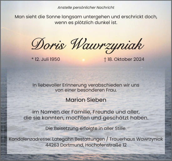 Traueranzeige von Doris Wawrzyniak von Ruhr Nachrichten