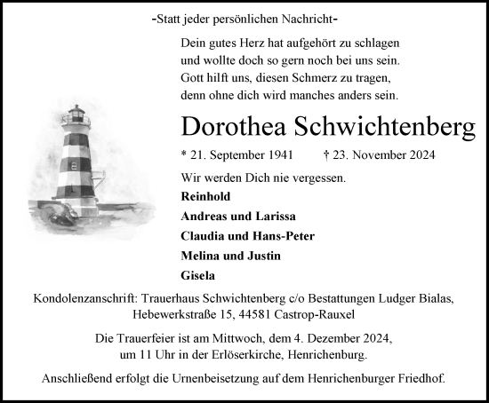 Traueranzeige von Dorothea Schwichtenberg von Stadtanzeiger Castrop-Rauxel