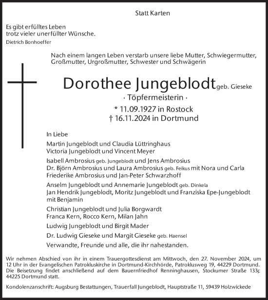 Traueranzeige von Dorothee Jungeblodt von Ruhr Nachrichten