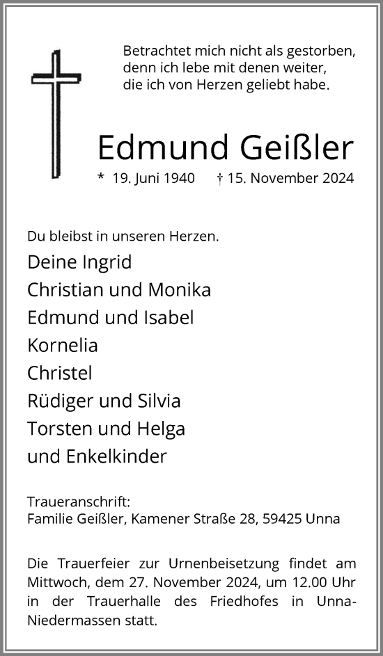 Traueranzeige von Edmund Geißler von Hellweger Anzeiger