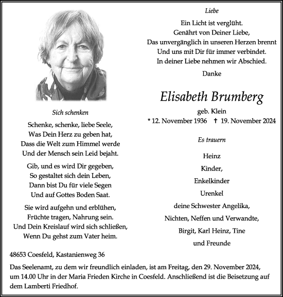 Traueranzeige von Elisabeth Brumberg von Münsterland Zeitung