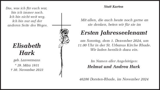 Traueranzeige von Elisabeth Hark von Ruhr Nachrichten und Dorstener Zeitung