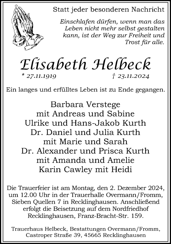 Traueranzeige von Elisabeth Helbeck von Trauer Vest
