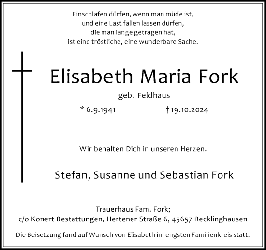 Traueranzeige von Elisabeth Maria Fork von Trauer Vest