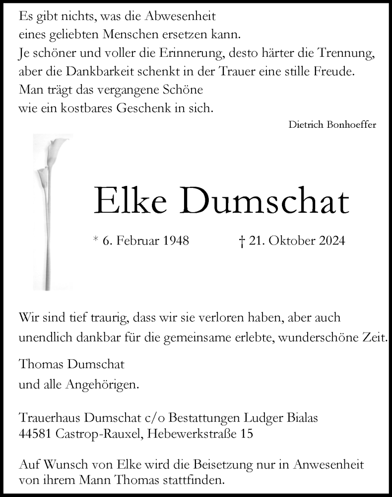  Traueranzeige für Elke Dumschat vom 09.11.2024 aus Stadtanzeiger Castrop-Rauxel