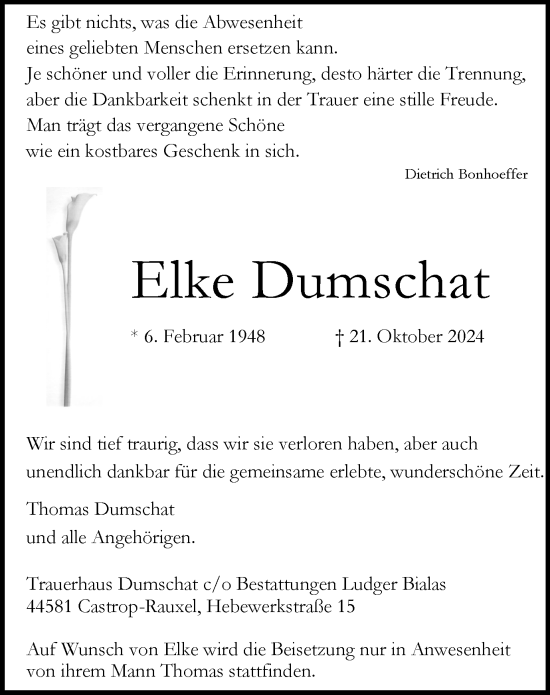 Traueranzeige von Elke Dumschat von Stadtanzeiger Castrop-Rauxel