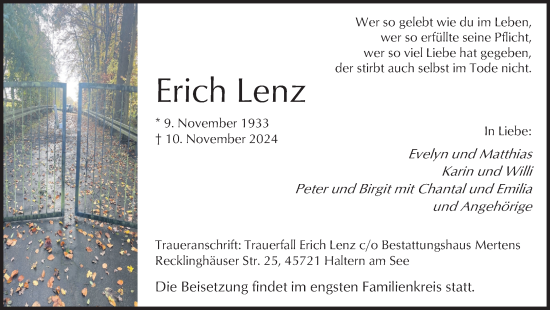 Traueranzeige von Erich Lenz von Ruhr Nachrichten und Halterner Zeitung