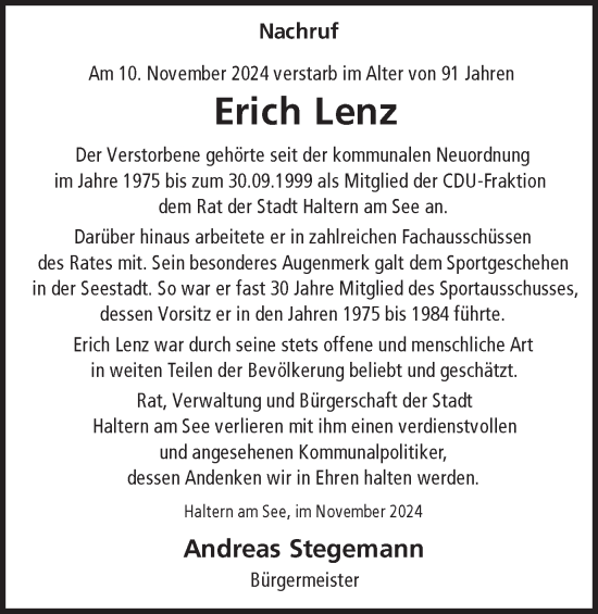 Traueranzeige von Erich Lenz von Ruhr Nachrichten und Halterner Zeitung