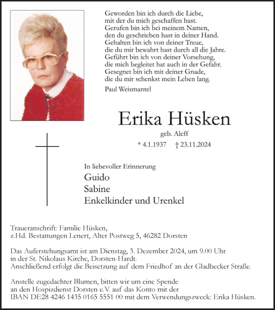 Traueranzeige von Erika Hüsken von Ruhr Nachrichten und Dorstener Zeitung