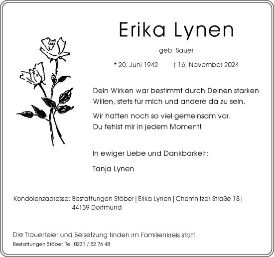 Traueranzeige von Erika Lynen von Ruhr Nachrichten