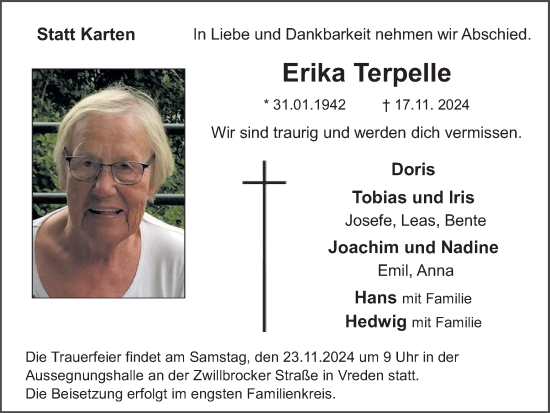 Traueranzeige von Erika Terpelle von Münsterland Zeitung