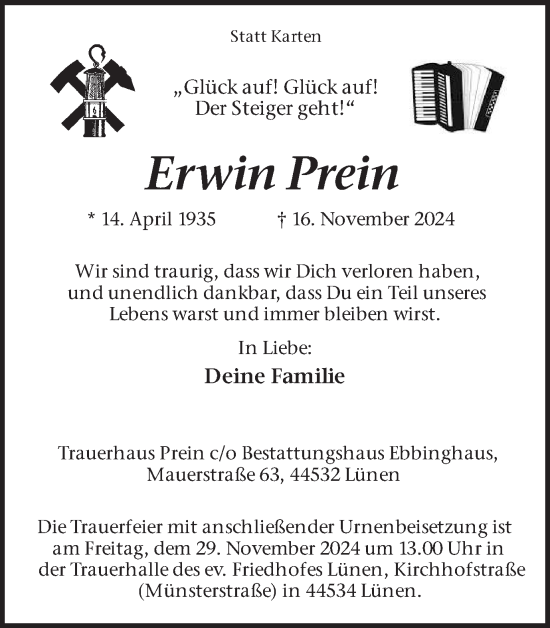 Traueranzeige von Erwin Prein von Ruhr Nachrichten