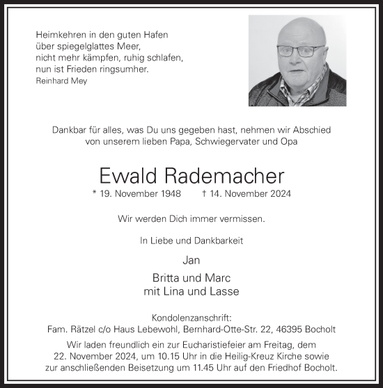 Traueranzeige von Ewald Rademacher von Bocholter-Borkener Volksblatt