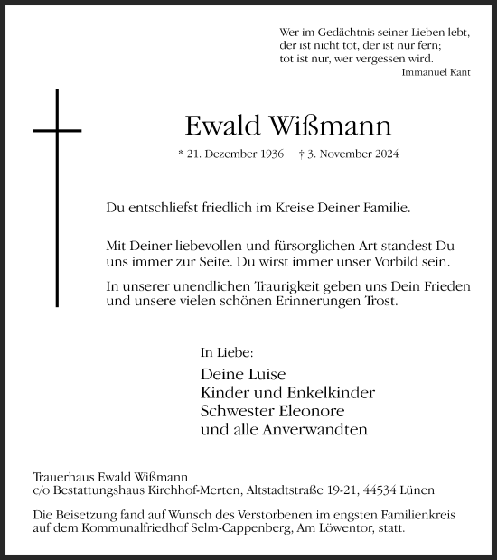 Traueranzeige von Ewald Wißmann von Lüner Anzeiger