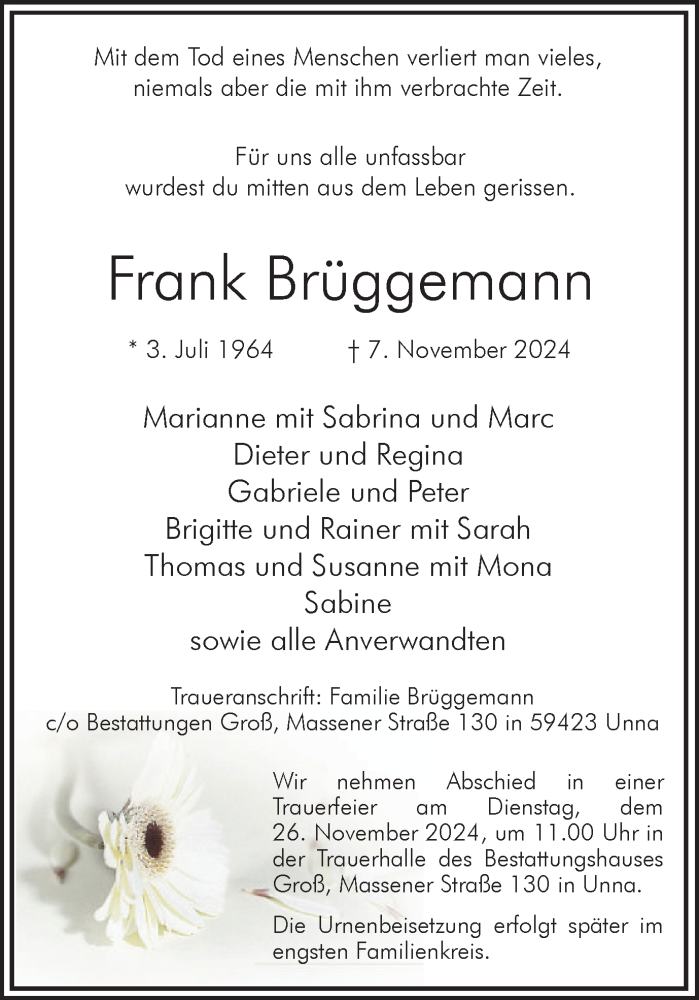  Traueranzeige für Frank Brüggemann vom 16.11.2024 aus Hellweger Anzeiger