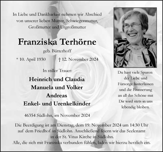 Traueranzeige von Franziska Terhörne von Münsterland Zeitung