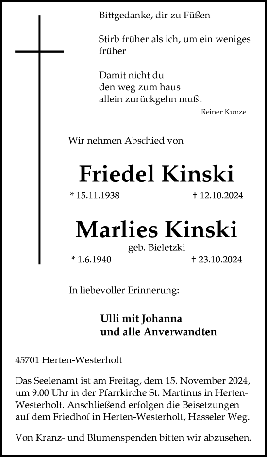 Traueranzeige von Friedel und Marlies Kinski von Trauer Vest