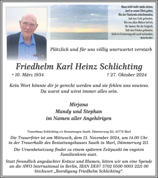 Traueranzeige von Friedhelm Karl Heinz Schlichting von Trauer Vest
