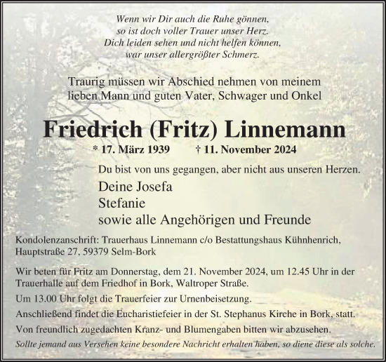 Traueranzeige von Friedrich Linnemann von Ruhr Nachrichten