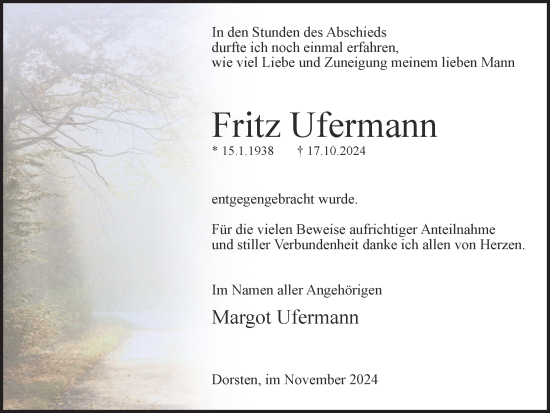 Traueranzeige von Fritz Ufermann von Ruhr Nachrichten und Dorstener Zeitung