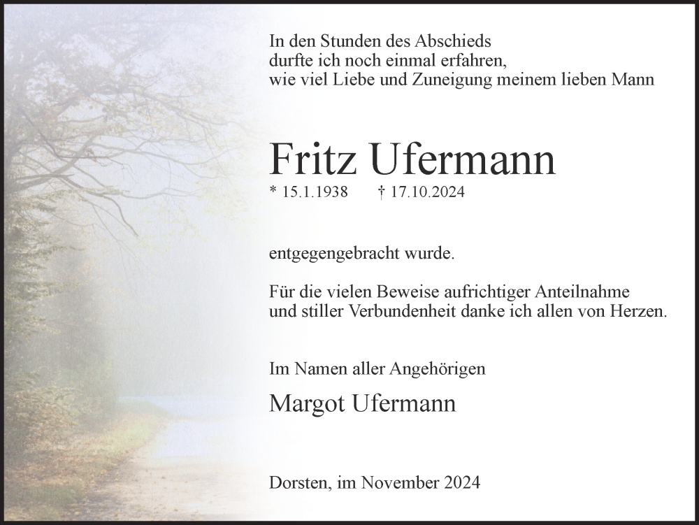 Traueranzeige für Fritz Ufermann vom 09.11.2024 aus Ruhr Nachrichten und Dorstener Zeitung