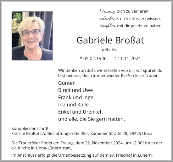 Traueranzeige von Gabriele Broßat von Hellweger Anzeiger