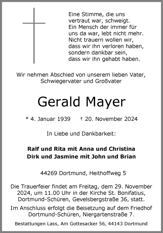 Traueranzeige von Gerald Mayer von Ruhr Nachrichten