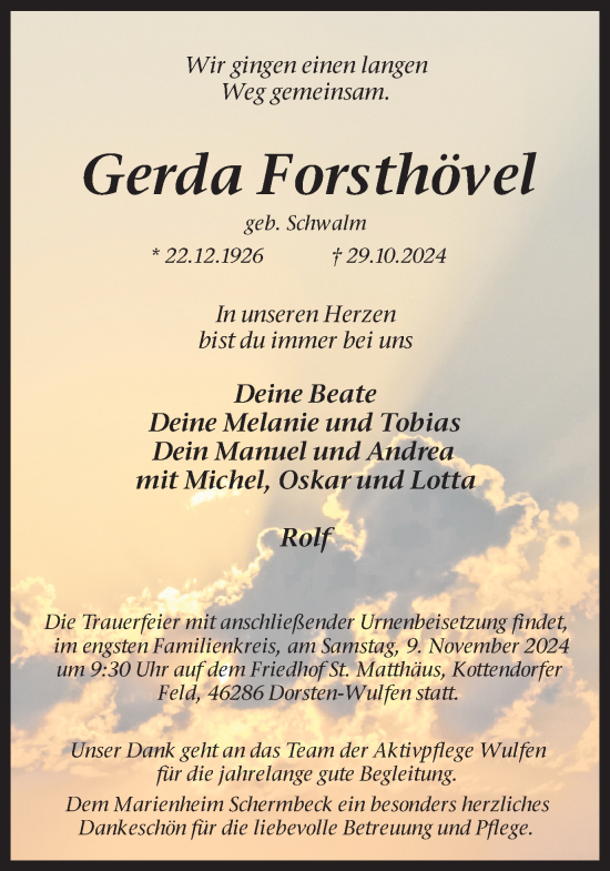 Traueranzeige von Gerda Forsthövel von Ruhr Nachrichten und Dorstener Zeitung