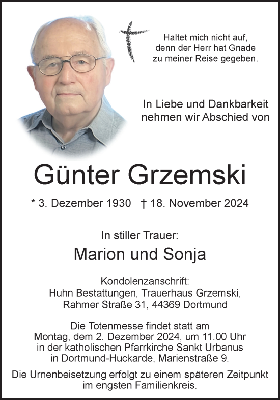 Traueranzeige von Günter Grzemski von Ruhr Nachrichten