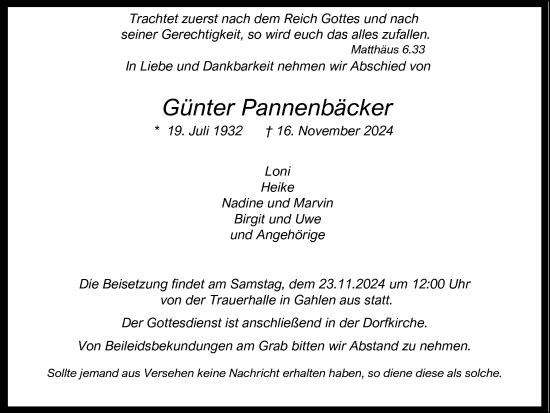 Traueranzeige von Günter Pannenbäcker von Ruhr Nachrichten und Dorstener Zeitung