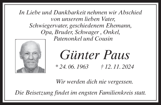 Traueranzeige von Günter Paus von Bocholter-Borkener Volksblatt