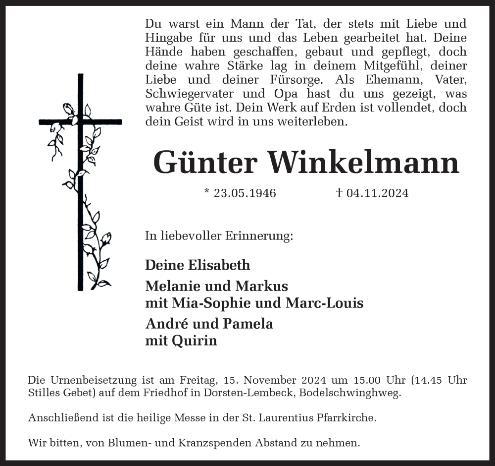  Traueranzeige für Günter Winkelmann vom 09.11.2024 aus Ruhr Nachrichten und Dorstener Zeitung