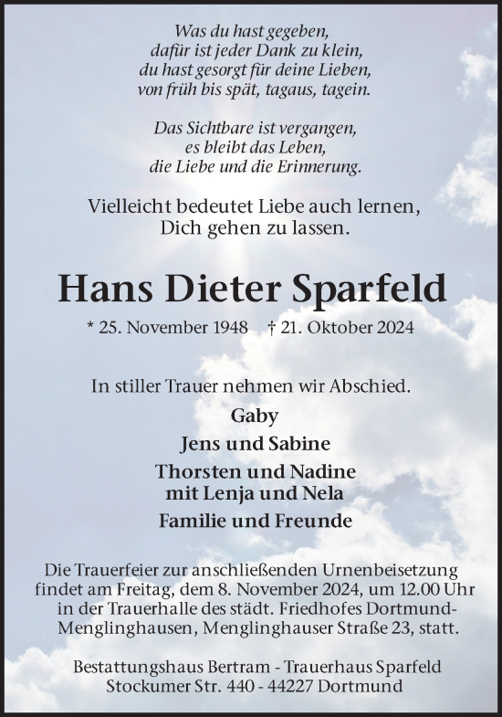 Traueranzeige von Hans Dieter Sparfeld von Ruhr Nachrichten