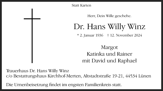 Traueranzeige von Hans Willy Winz von Lüner Anzeiger