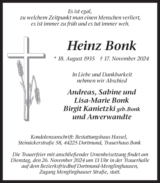 Traueranzeige von Heinz Bonk von Ruhr Nachrichten