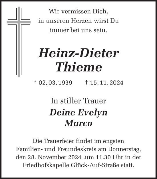 Traueranzeige von Heinz-Dieter Thieme von Ruhr Nachrichten und Dorstener Zeitung