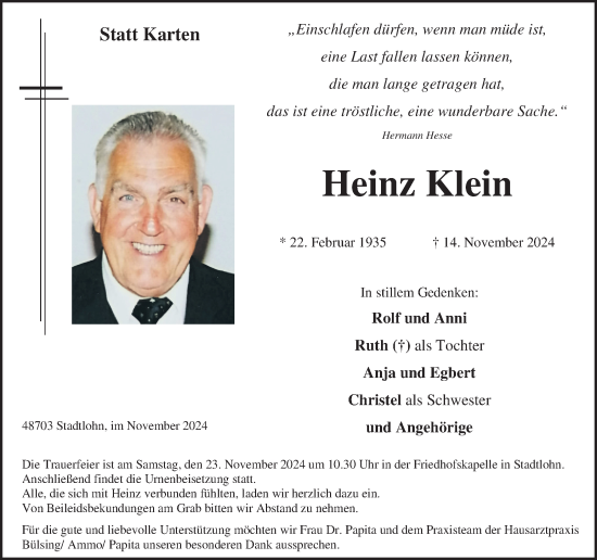 Traueranzeige von Heinz Klein von Münsterland Zeitung