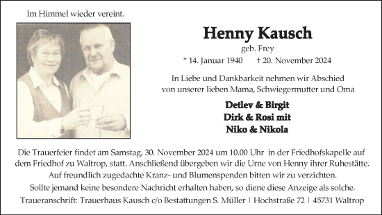 Traueranzeige von Henny Kausch von Trauer Vest