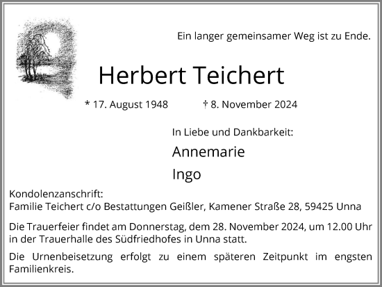 Traueranzeige von Herbert Teichert von Hellweger Anzeiger