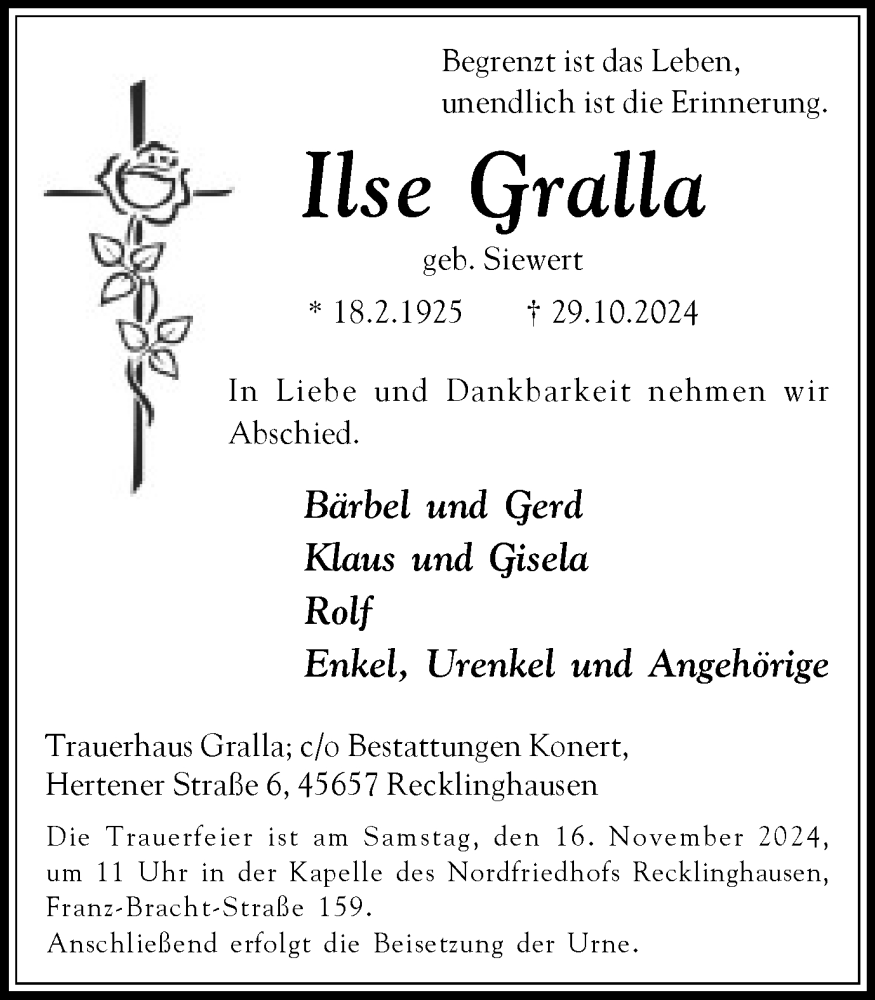  Traueranzeige für Ilse Gralla vom 09.11.2024 aus Trauer Vest