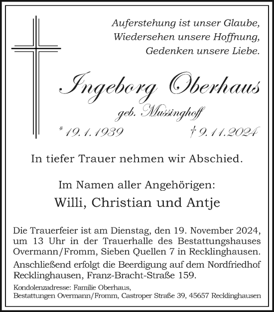 Traueranzeige von Ingeborg Oberhaus von Trauer Vest