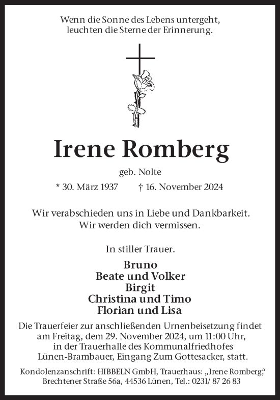 Traueranzeige von Irene Romberg von Lüner Anzeiger