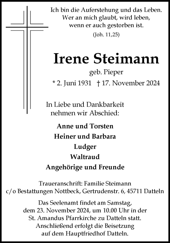 Traueranzeige von Irene Steimann von Trauer Vest